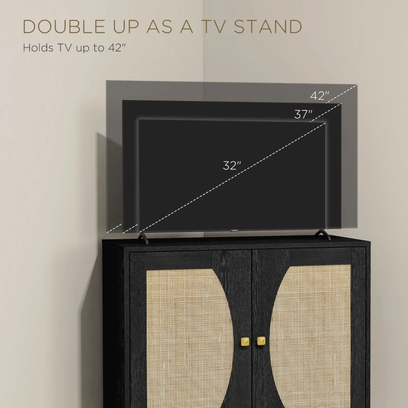HOMCOM Boho Buffet Cabinet with Adjustable Shelf and Rattan Decorated Doors, TV Cabinet for TV up to 42 Inches, Black