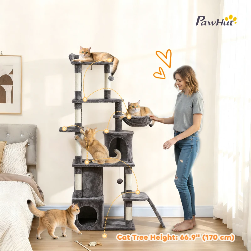 PawHut 67" Large Cat Tree with 7 Scratching Posts, Tunnel, 2 Condos, Hammock, Perch, Ramp, Pompoms, Dark Grey
