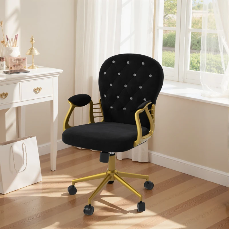 Vinsetto Velvet Office Desk Chair Button Tufted Vanity Chair with Swivel Wheels, Adjustable Height and Tilt Function, Black