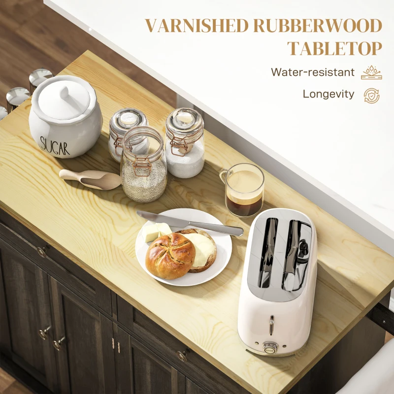 HOMCOM Kitchen Island with Storage, Rolling Trolley Cart with Rubber Wood Top, Spice Rack, Towel Rack, Brown Oak