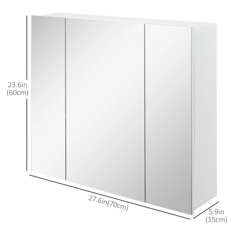 kleankin 28" x 24" Wall Mounted Mirror Cabinet, Bathroom Medicine Cabinet with Mirror, 3 Doors and Adjustable Shelves, White