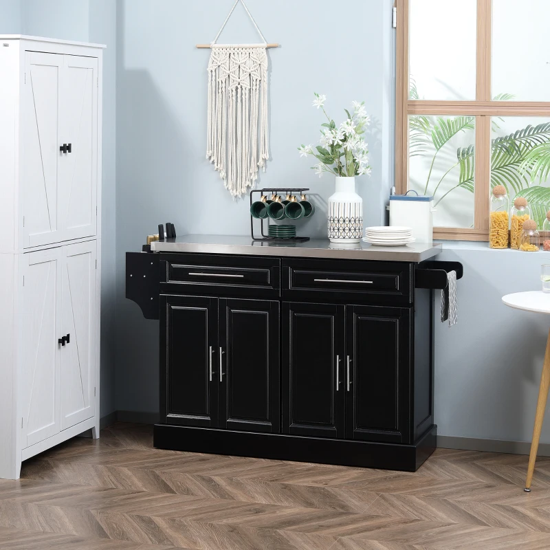 HOMCOM Rolling Kitchen Island with Storage and Stainless Steel Top, Kitchen Trolley with Drawers, Cabinets, Towel Rack