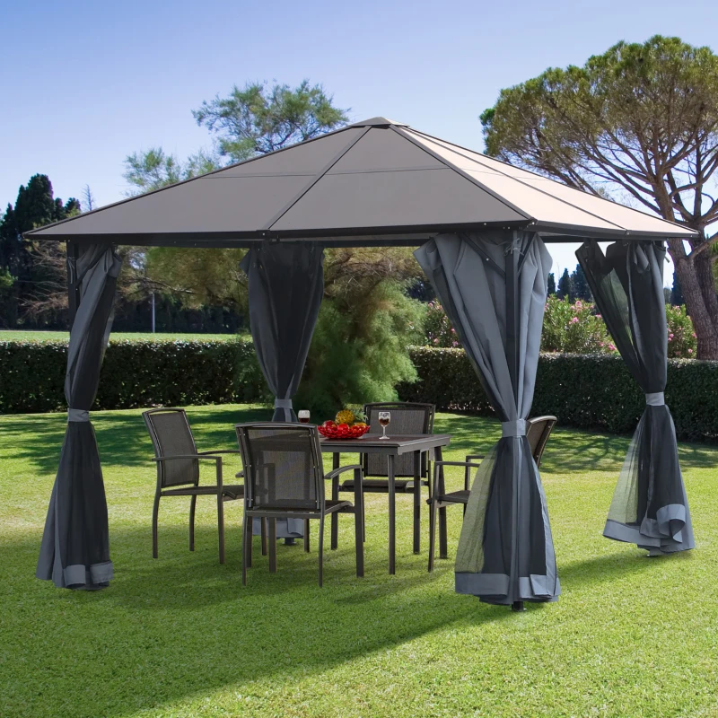 Outsunny 9.8' x 9.8' Garden Aluminium Gazebo Hardtop Roof Canopy Marquee Party Tent Patio Outdoor Shelter with Mesh Curtains & Side Walls, Grey