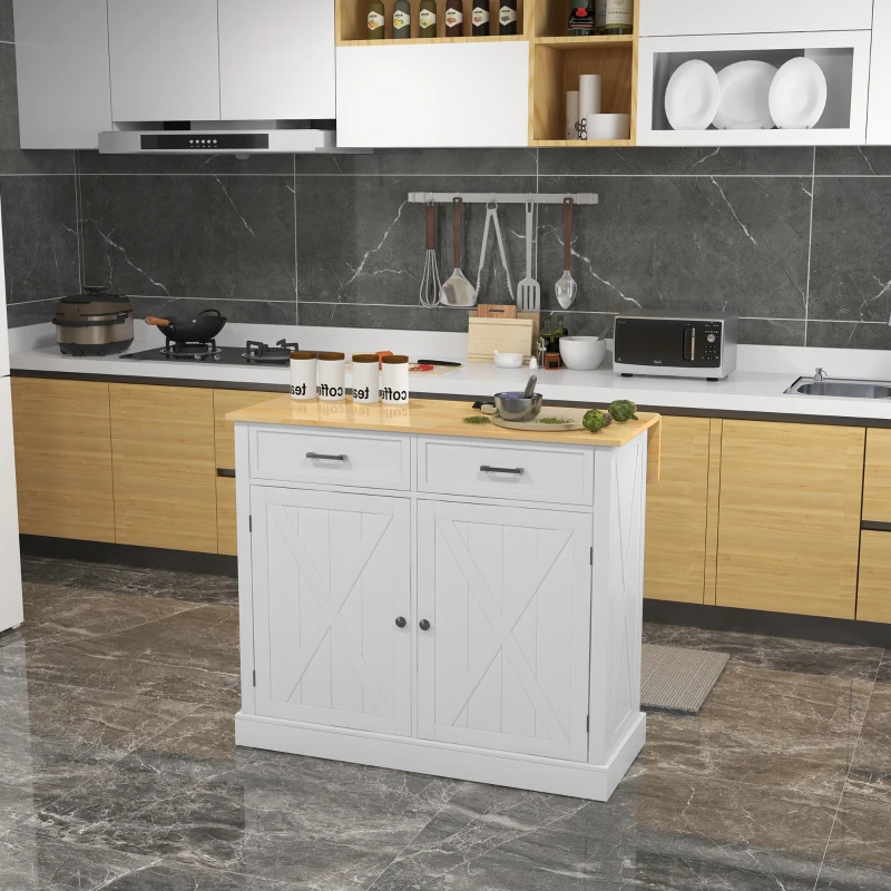 HOMCOM Rolling Kitchen Island with Drop Leaf Wood Breakfast Bar, Farmhouse Kitchen Cart with 2 Drawers, Adjustable Shelves for Dining Room (White)