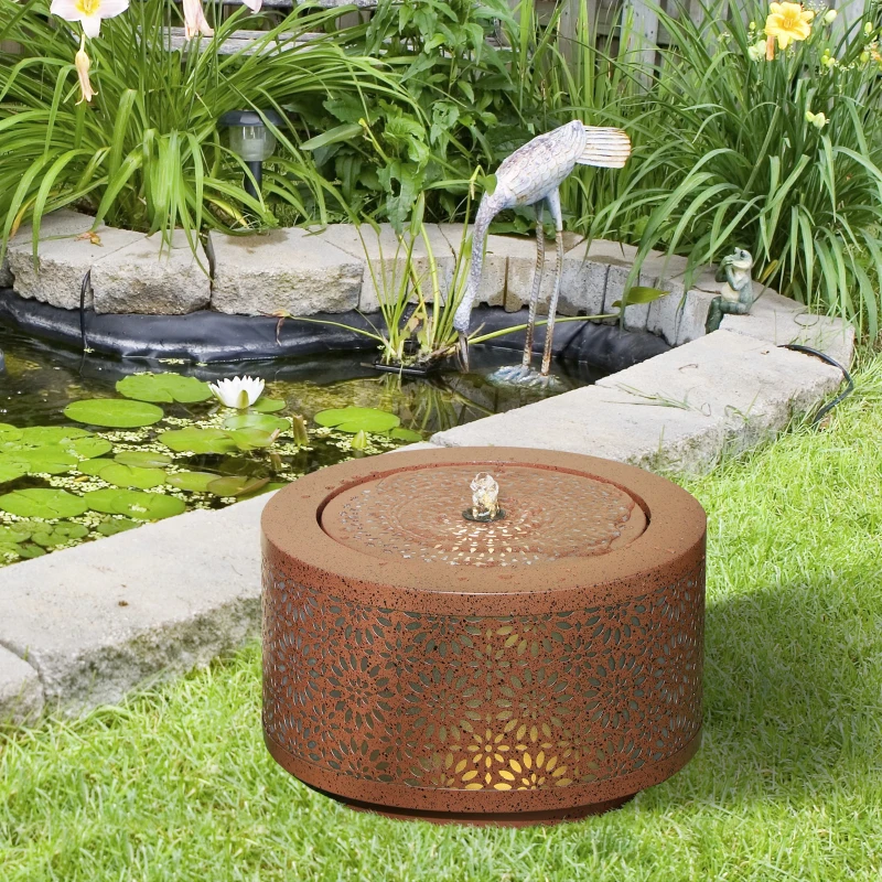 Outsunny Outdoor Water Fountain with LED Lights, 10" Tall Garden Waterfall Fountain with Adjustable Flow, Brown