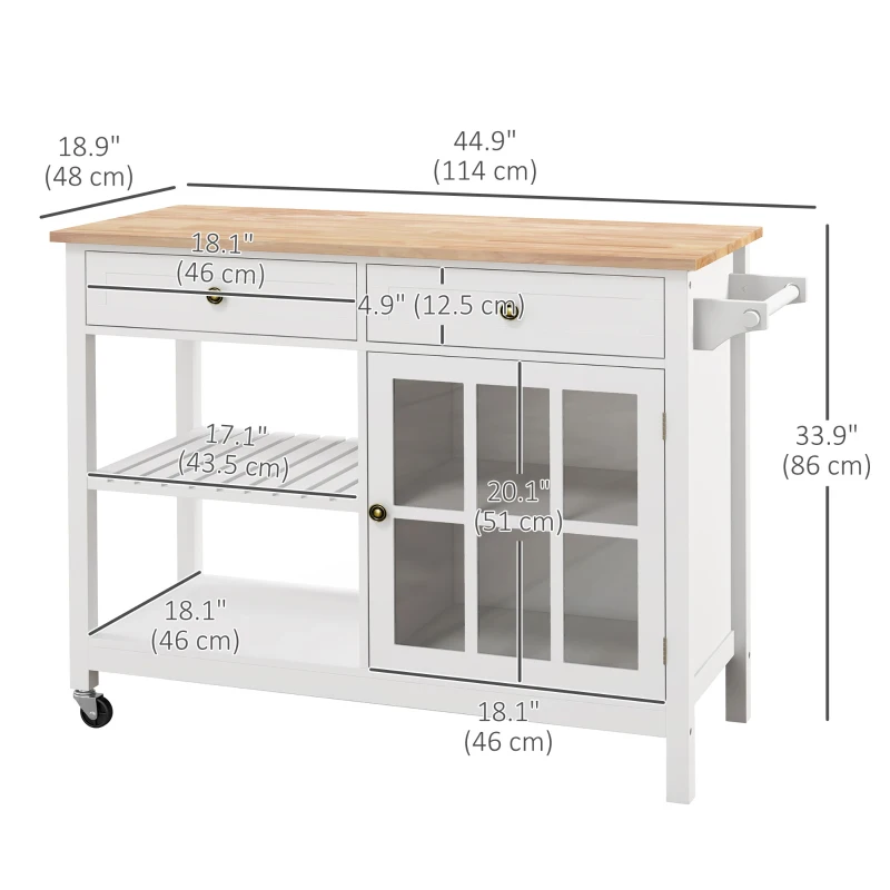 HOMCOM Kitchen Cart on Wheels, Utility Storage Island with Rubber Wood Top, Towel Rack, Cabinets, Drawers, White