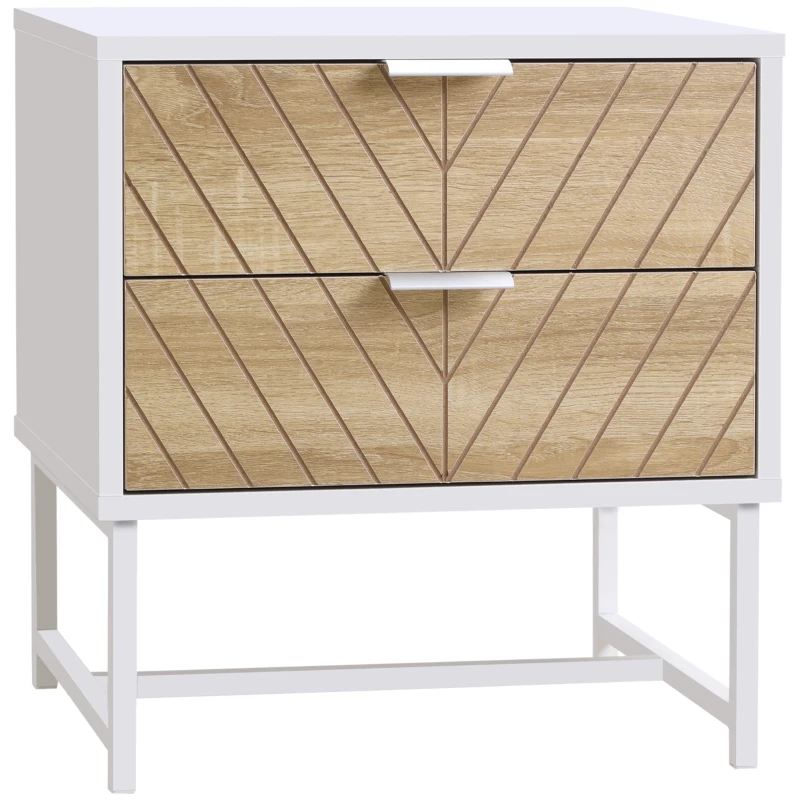 HOMCOM Modern Bedside Table with 2 Drawers and Steel Frame, Sofa Side Table for Bedroom Living Room, White and Oak