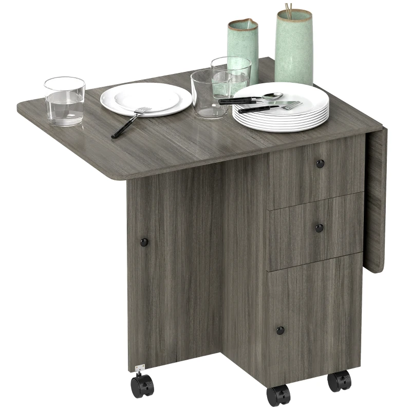 HOMCOM Foldable Dining Table, Rolling Kitchen Table with Storage Drawers and Cabinet, Drop Leaf Table on Wheels, Grey
