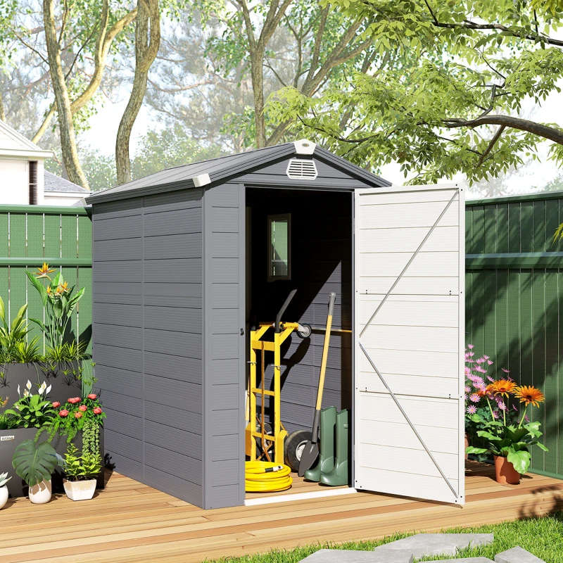 Outsunny 4.5' x 6' Garden Storage Shed with Latch Door, Vents, Sloped Roof, Light Grey