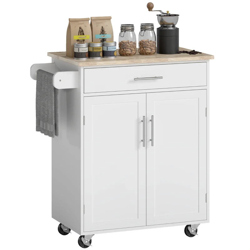 HOMCOM Kitchen Island Cart, Rolling Island Table with Solid Wood Top, Trolley Cart with Drawer, Storage Cabinet & Towel Rack, White