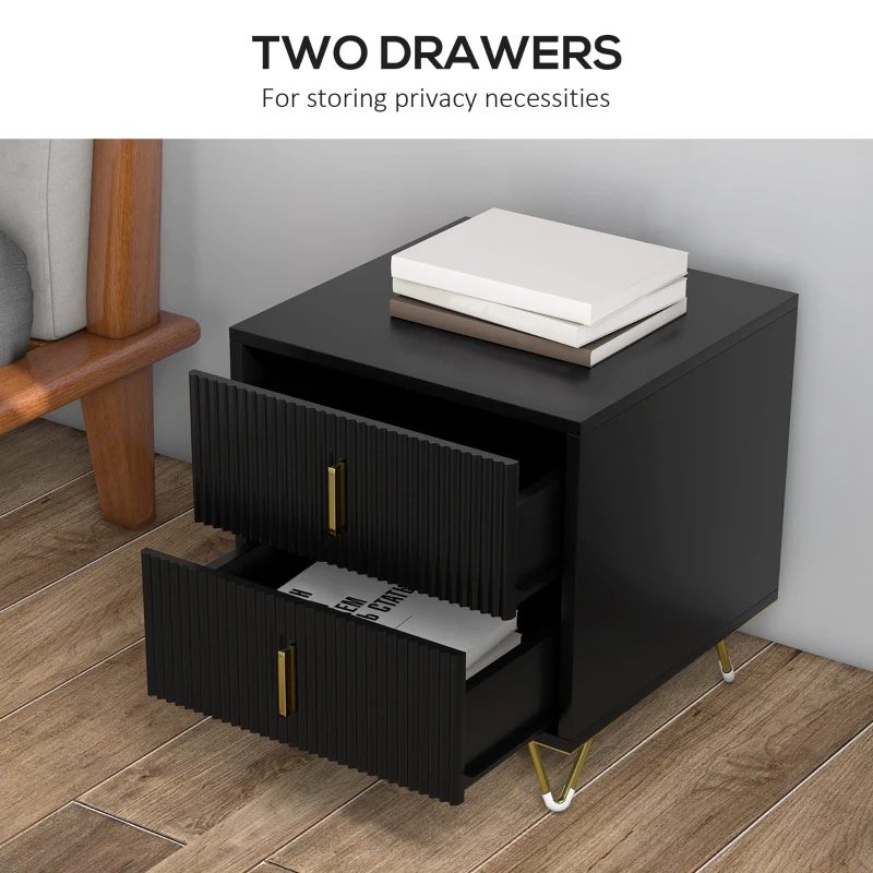 HOMCOM Bedside Table, Modern Nightstand with 2 Drawers, Side End Table with Metal Legs for Living Room, Bedroom, Black