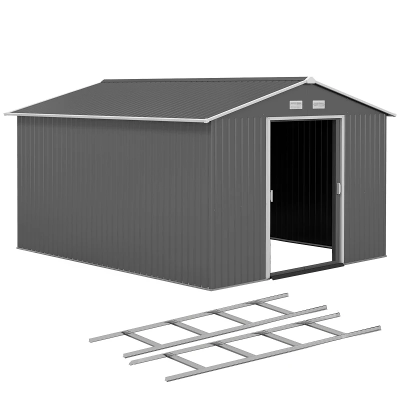Outsunny 9' x 10.6' Garden Storage Shed w/ Foundation Kit Metal Tool Storage House w/ Double Doors Light Grey