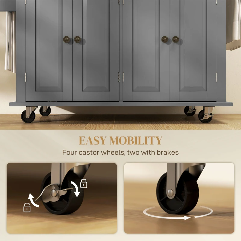 HOMCOM Kitchen Island with Storage, Rolling Trolley Cart with Rubber Wood Top, Spice Rack, Towel Rack, Grey