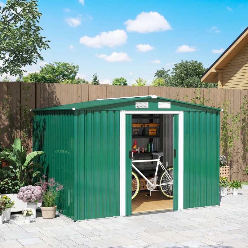 Outsunny 8.5' x 6.8' x 5.8' Practical Backyard Garden Storage Tool Shed Double Sliding Door 4 Ventilation Slots, Green