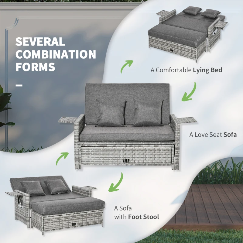 Outsunny 2 Piece Rattan Outdoor Daybed, 2 Seater Sofa Set with Footstool, Storage, Cushions and Pillows for Garden, Patio, Grey