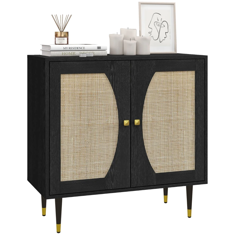 HOMCOM Boho Buffet Cabinet with Adjustable Shelf and Rattan Decorated Doors, TV Cabinet for TV up to 42 Inches, Black