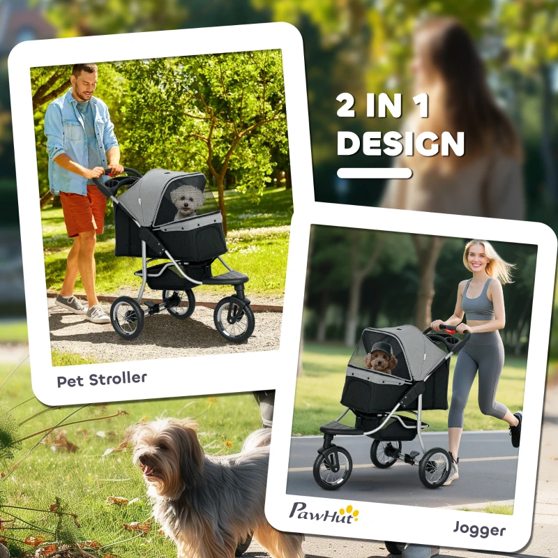 PawHut Small Dog Stroller, 3-Wheel Foldable Pet Stroller with Adjustable Canopy and Zippered Mesh Door for Pet Owners, Grey