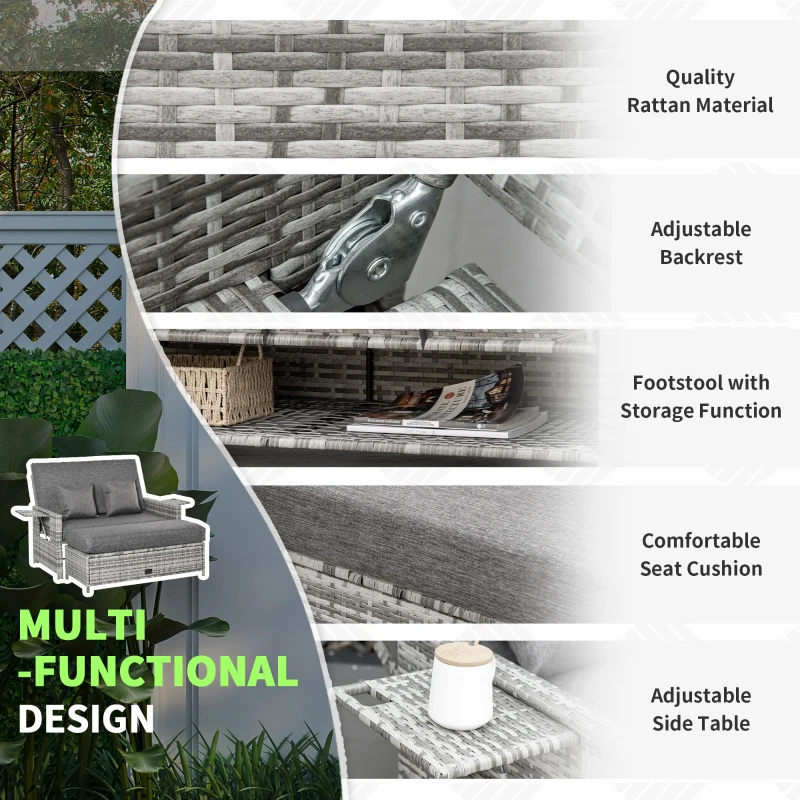 Outsunny 2 Piece Rattan Outdoor Daybed, 2 Seater Sofa Set with Footstool, Storage, Cushions and Pillows for Garden, Patio, Grey