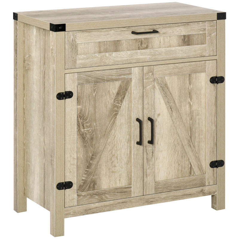 HOMCOM Farmhouse Kitchen Storage Cabinet, Sideboard Buffet Cabinet with 2 Rustic Barn Doors and Drawer, Oak