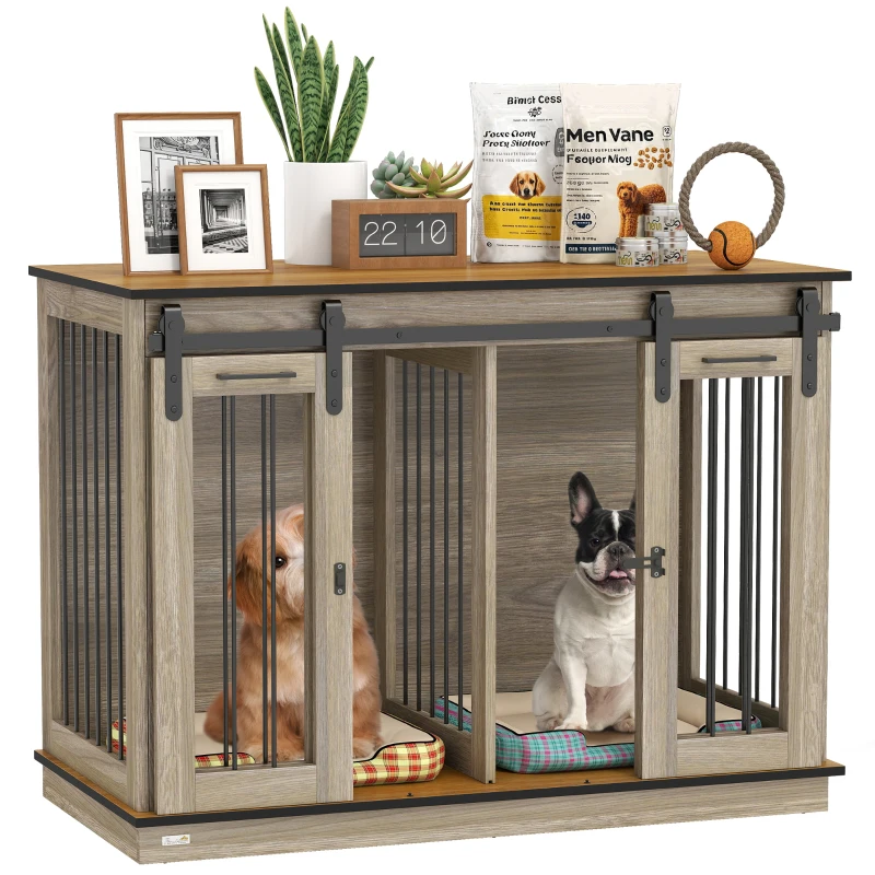 PawHut 47in Dog Crate Furniture with Divider Panel, Wooden Dog Kennel TV Stand for Large Dogs, Pet House Side Table for 2 Small Dogs with Two Rooms Design, 2 Sliding Doors, Oak