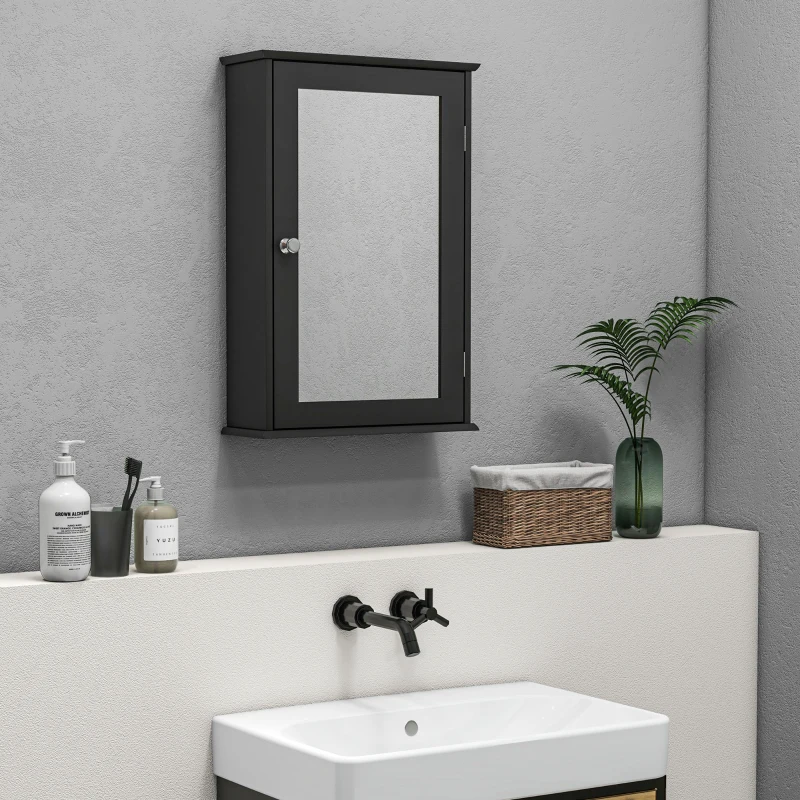 kleankin Bathroom Mirror Cabinet, Wall Mounted Medicine Cabinet with Door and Shelves, Black