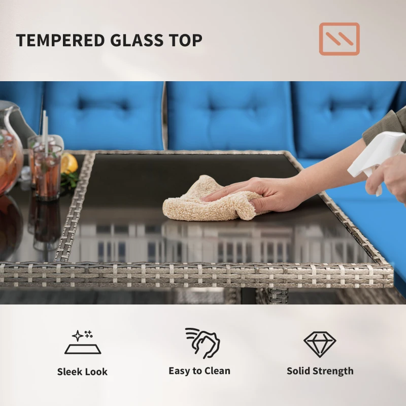 Outsunny 6pcs Outdoor Rattan Sofa Set Garden Wicker Sectional Couch Furniture Set with Dining Table and Chair Blue