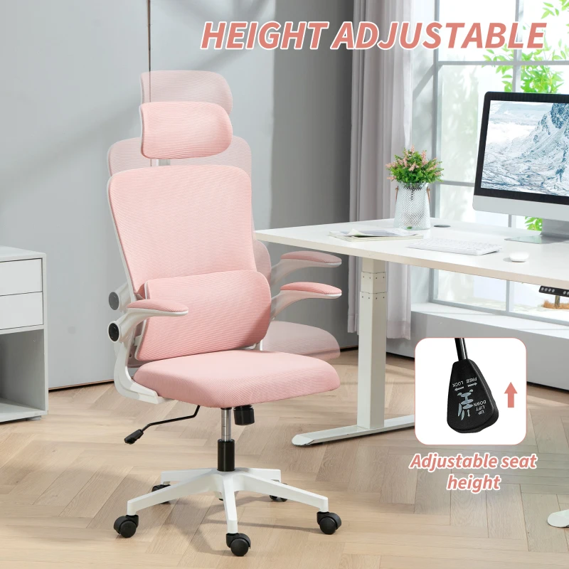 Vinsetto High Back Office Chair, Mesh Computer Desk Chair with Rotatable Headrest, Lumbar Back Support, Adjustable Height, Pink