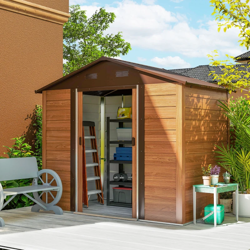 Outsunny 7.7' x 6.5' Outdoor Metal Garden Shed with Lock and Ventilation Gardening Tool Storage, Dark Brown