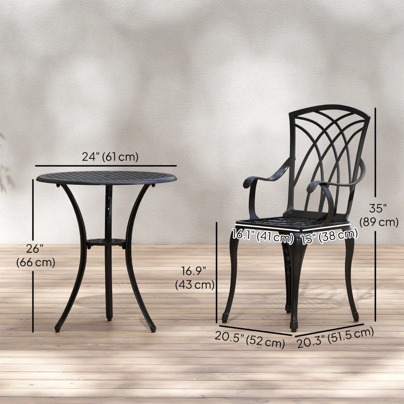 Outsunny 3 Pieces Patio Bistro Set, Cast Aluminum Outdoor Conversation Furniture Set, Coffee Table with Umbrella Hole, 2 Armchairs, Brown
