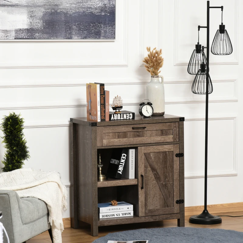 HOMCOM Rustic Barn Door Storage Cabinet Modern Farmhouse Buffet Sideboard for Kitchen & Dining Room  Dark Oak