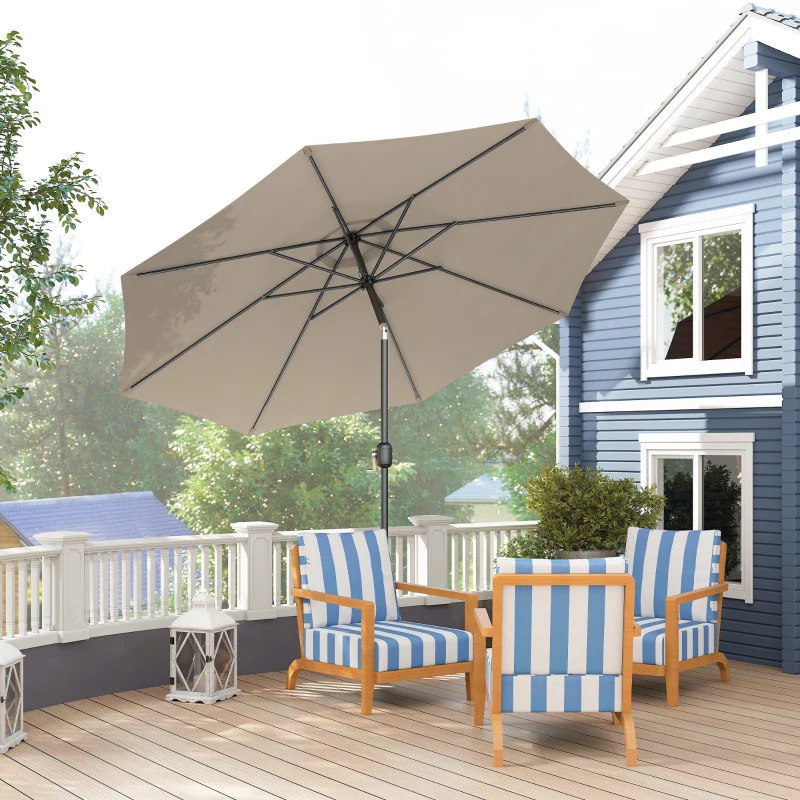 Outsunny 10' x 8' Round Market Umbrella, Patio Umbrella with Crank Handle and Tilt, Outdoor Parasol for Garden, Bench, Lawn, Light Grey
