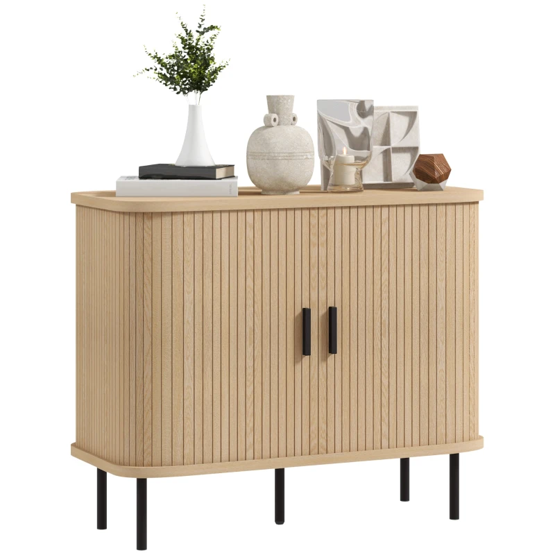 HOMCOM 35.4" Sideboard Buffet Cabinet with Storage, Nordic Coffee Bar Cabinet with Slatted Tambour Doors and Metal Legs, Oak