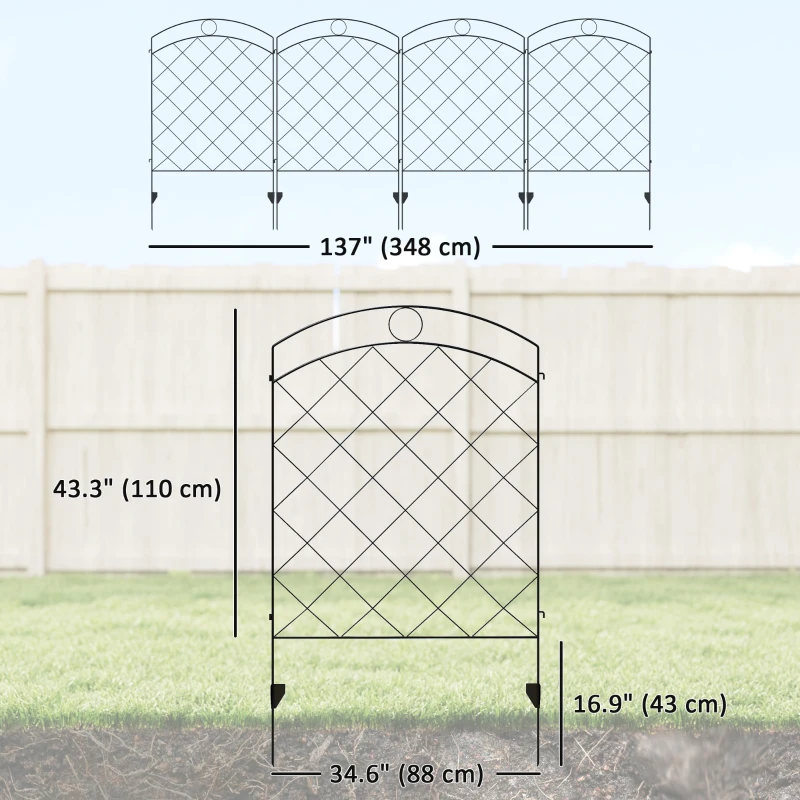 Outsunny 4 Pack Garden Fencing for Yard, Decorative Fence Panels as Animal Barrier and Flower Edging, Circle, Black