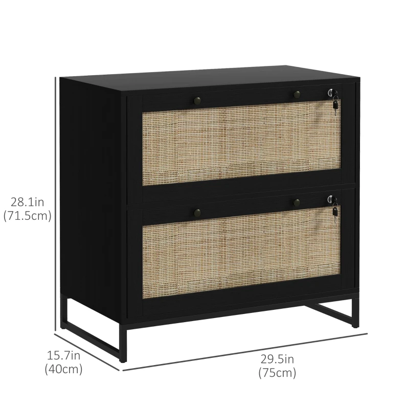 Vinsetto 2-Drawer Filing Cabinet with Lock, Rattan File Cabinet with Adjustable Hanging Bar, Black