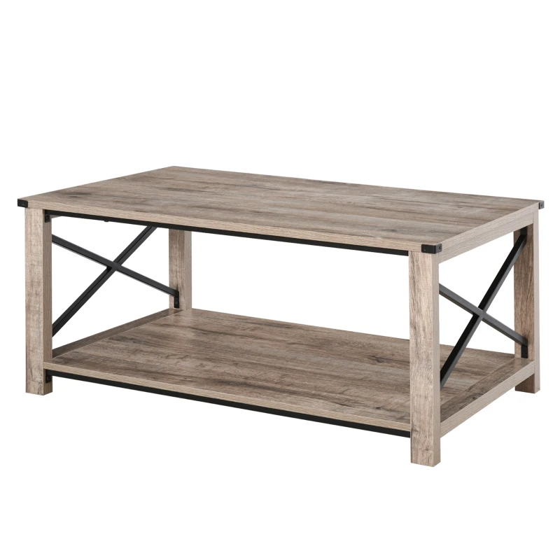 HOMCOM Industrial Coffee Table, Cocktail Table with Bottom Storage Shelf, Metal X-Bar for Living Room Bedroom