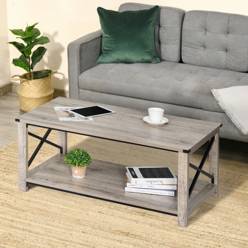 HOMCOM Industrial Coffee Table, Cocktail Table with Bottom Storage Shelf, Metal X-Bar for Living Room Bedroom