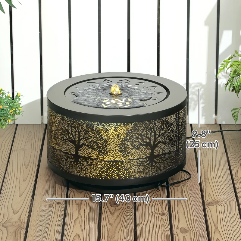 Outsunny Outdoor Water Fountain with LED Lights, 10" Tall Garden Waterfall Fountain Feature with Adjustable Flow, Black
