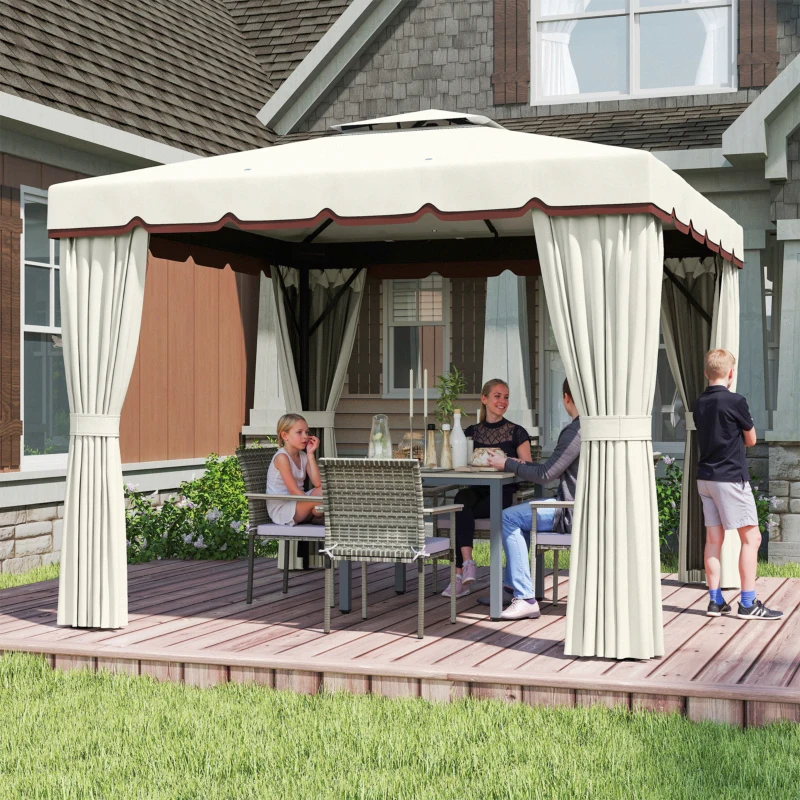 Outsunny 10' x 10' Outdoor Patio Gazebo Double Soft-top Garden Shelter Tent with Curtains, & Mesh Screen Drapes, Cream White