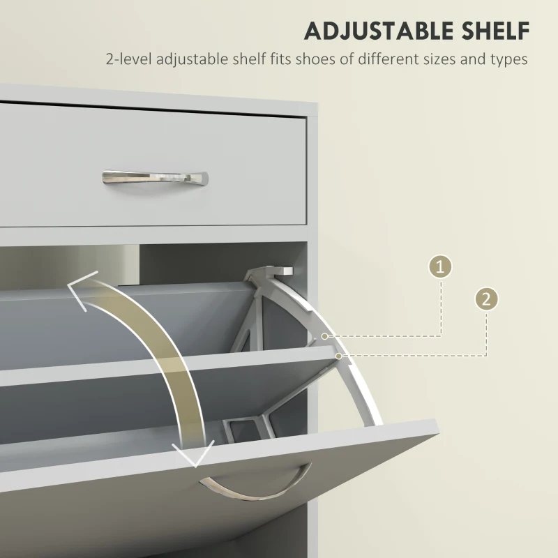 HOMCOM Narrow Shoe Storage with 2 Flip Drawers and Adjustable Shelves Shoe Organizer Cabinet for 12 Pairs of Shoes, Grey