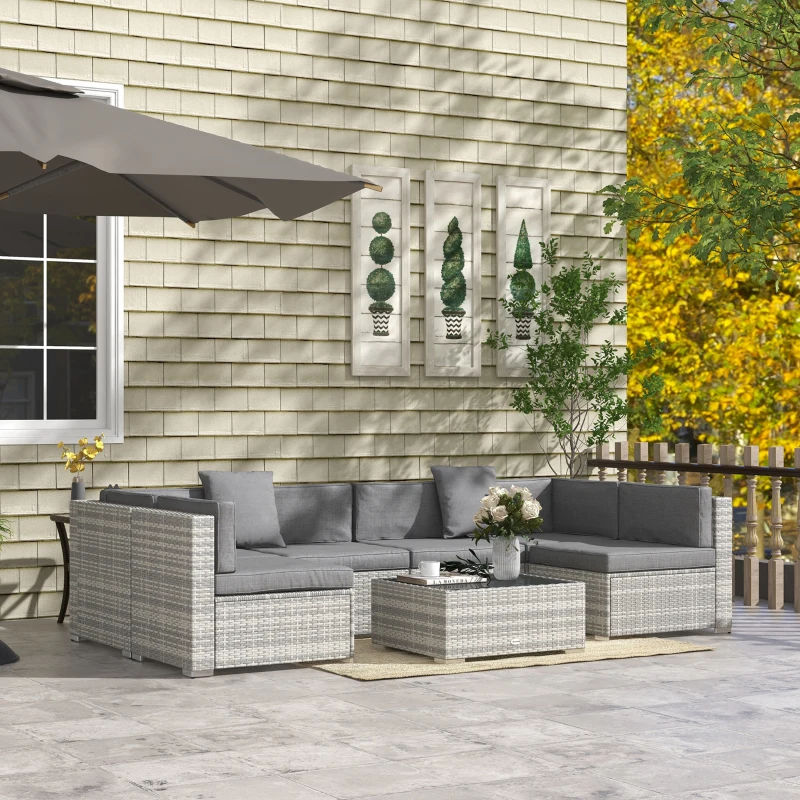 Outsunny 7pc Patio Wicker Set w/ Tea Table Wicker Sectional Sofa Set Grey