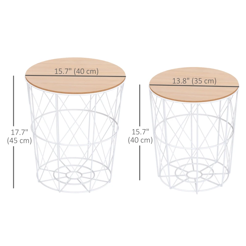HOMCOM Nesting Coffee Tables Set of 2 with Metal Wire, Storage Basket, Round Side Table End Table for Living Room, Bedroom, White and Natural