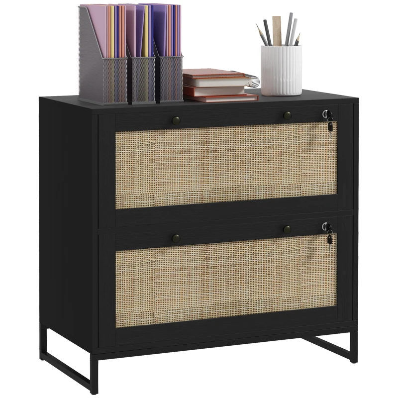 Vinsetto 2-Drawer Filing Cabinet with Lock, Rattan File Cabinet with Adjustable Hanging Bar, Black