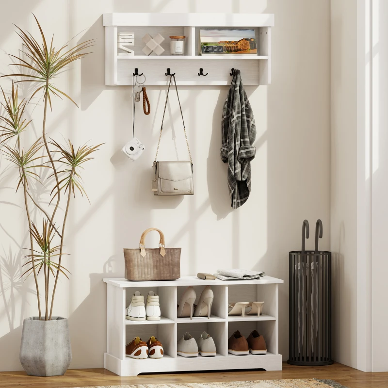 HOMCOM Coat Rack Shoe Bench Set, Entryway Shoe Bench with 8 Storage Cubbies, 4 Hooks for Hallway, Living Room, White