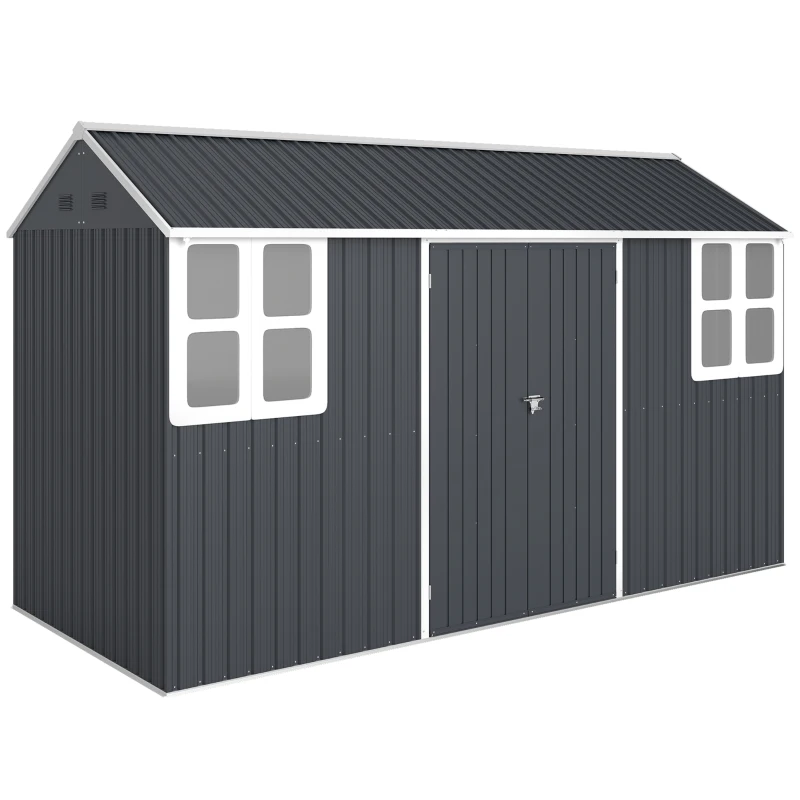 Outsunny 12' x 5.5' Metal Garden Storage Shed, Outdoor Tool Storage House with Lockable Door, Vents, Sloped Roof, Dark Grey