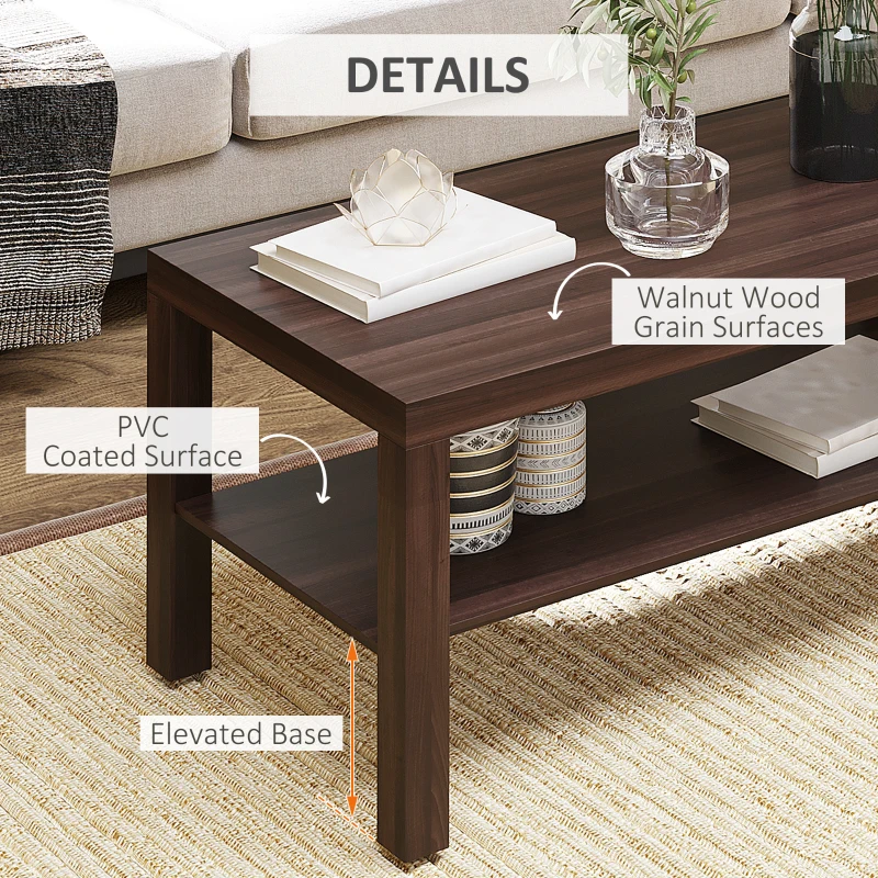 HOMCOM 2 Tier Coffee Table with Storage Shelf, Rectangular Center Table for Living Room, Home Office Furniture Walnut