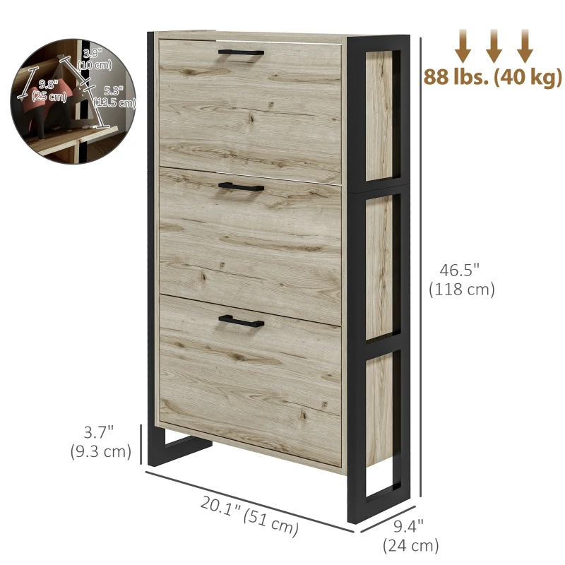 HOMCOM Shoe Cabinet with 3 Flip Drawer, Narrow Slim Shoe Storage Cabinet for 15 Pairs, Walnut