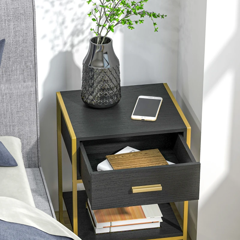 HOMCOM Modern Nightstand Set Of 2, Small Bedside Table with Drawer, Shelf and Steel Frame for Bedroom, Black