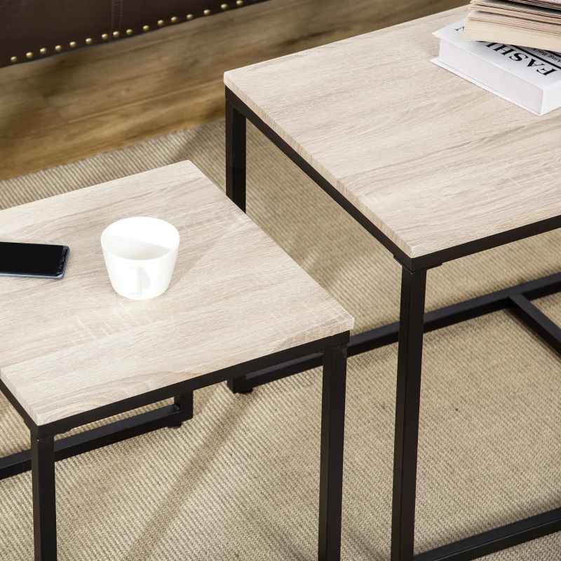 HOMCOM Nesting Coffee Table Set of 3, Modern End Tables with Black Metal Frame for Living Room Home Furniture, Natural