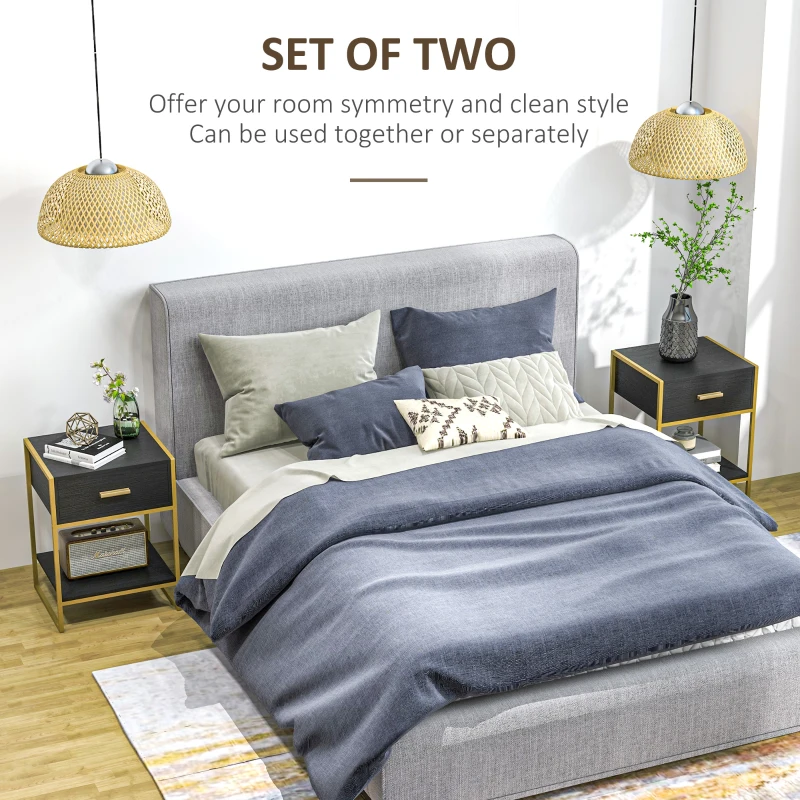 HOMCOM Modern Nightstand Set Of 2, Small Bedside Table with Drawer, Shelf and Steel Frame for Bedroom, Black