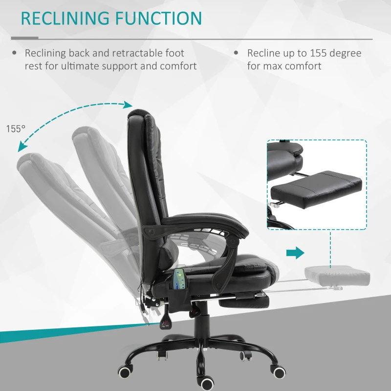 Vinsetto Reclining Office Chair with Footrest, Vibrating Massage, Adjustable Height, Perfect for Home Office, Black